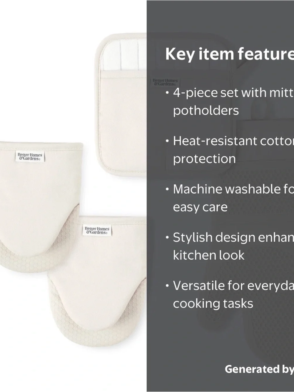 New 4pc Better Homes Gardens 4-Piece Oven Mitt Potholder Mini Mitt Beige Set